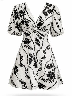 White Closet Elements Black & White Floral Twist-Front Dress Medium
